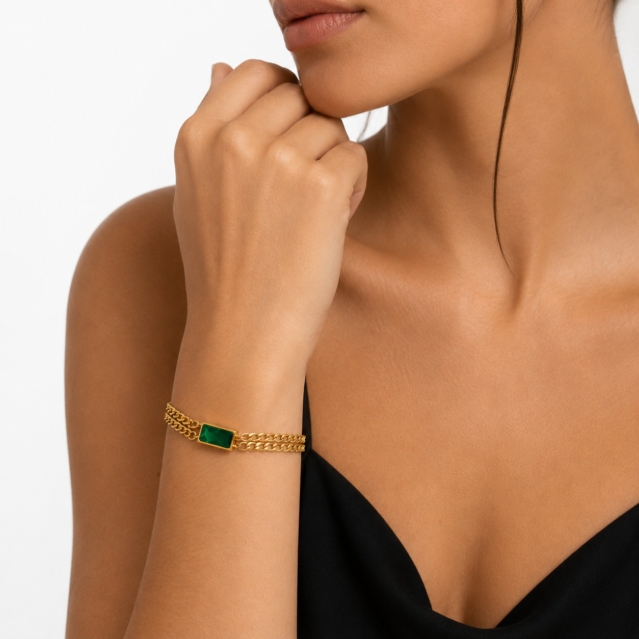 Double Strand Curb Chain Emerald Bracelet