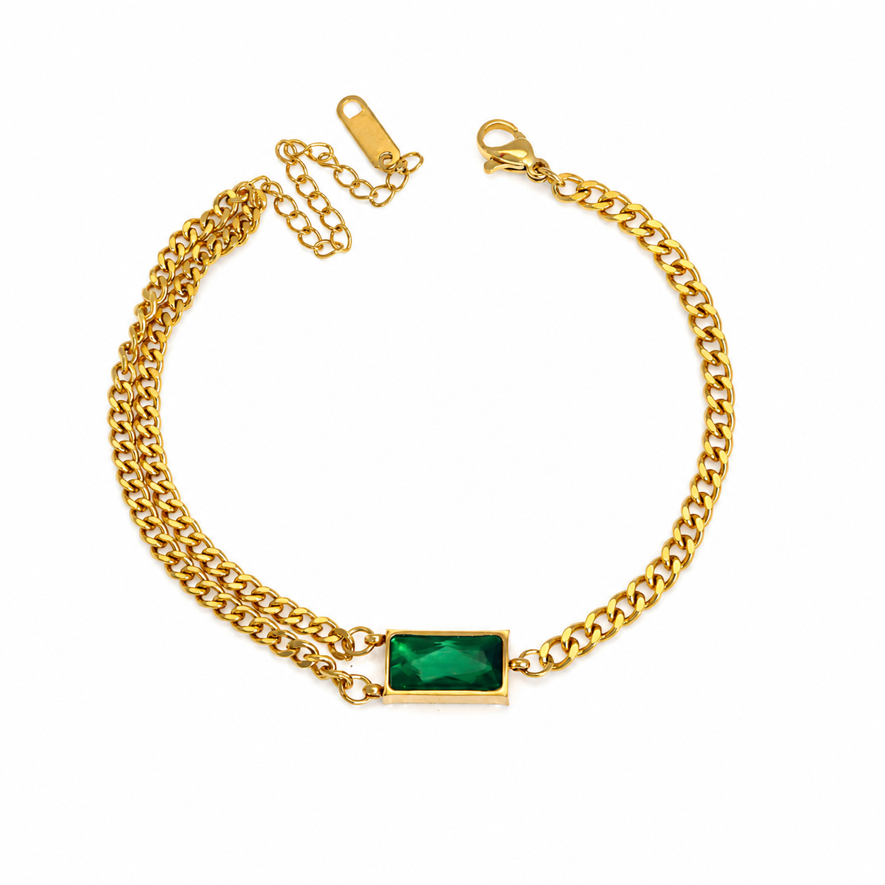Double Strand Curb Chain Emerald Bracelet