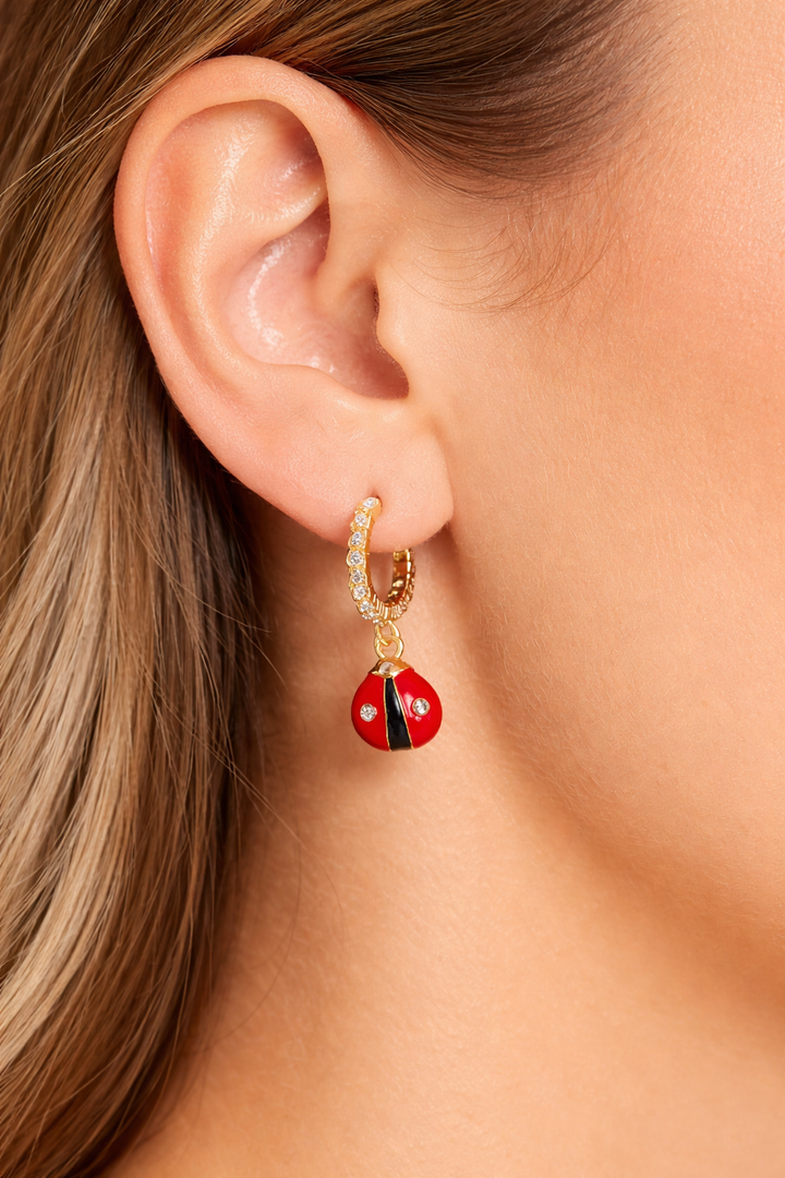 Ladybug Charm Gold Hoop Earrings