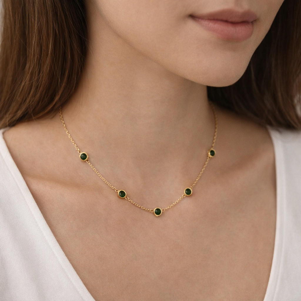 Golden Emerald-Green Bezel Station Necklace