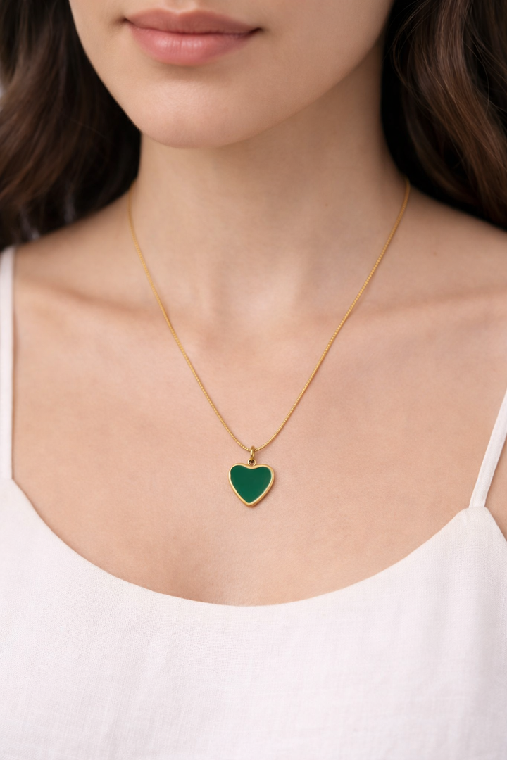 Green Heart Charm Stainless Steel Pendant Necklace