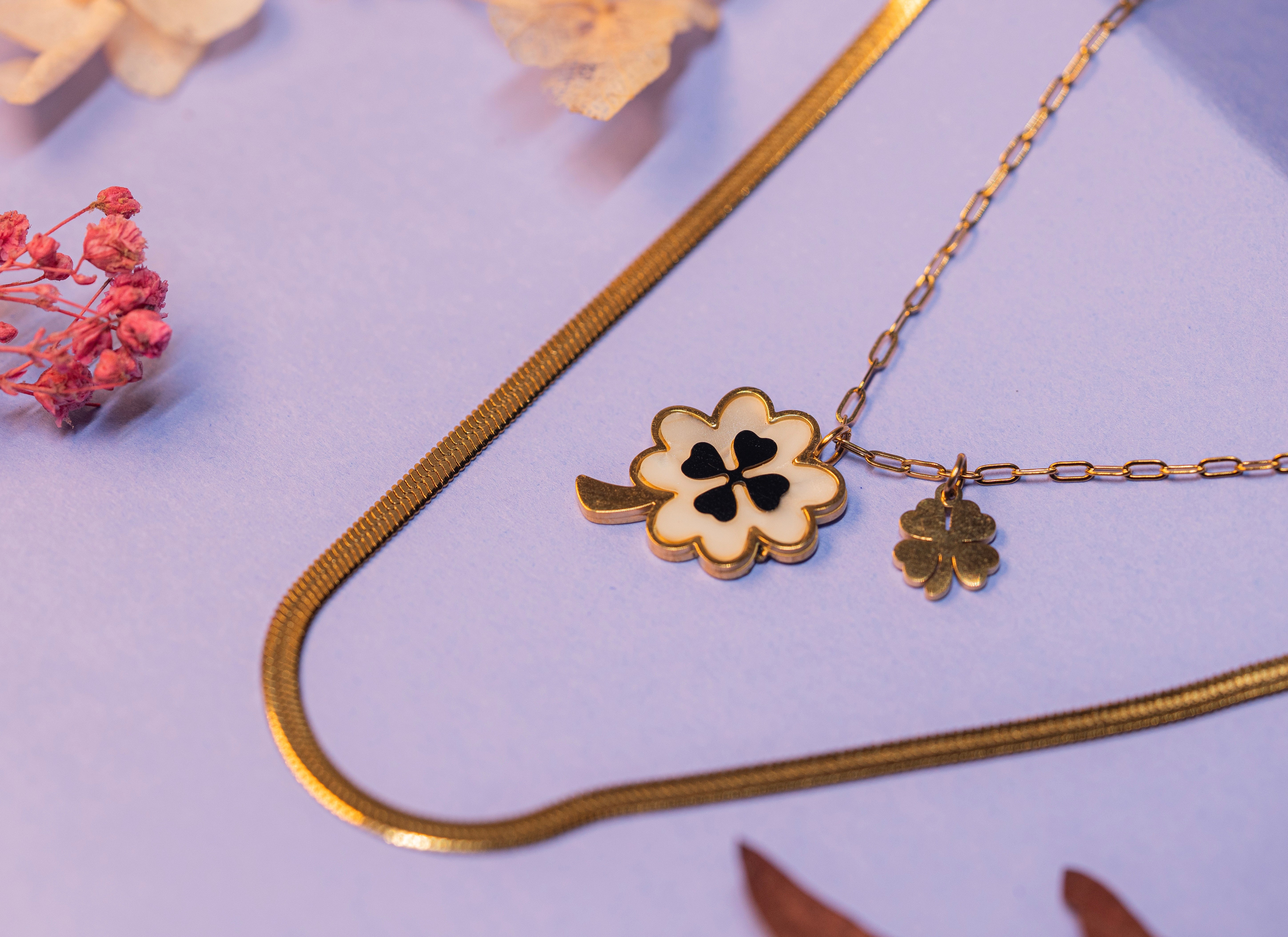 Black & Ivory Petal Clover Necklace