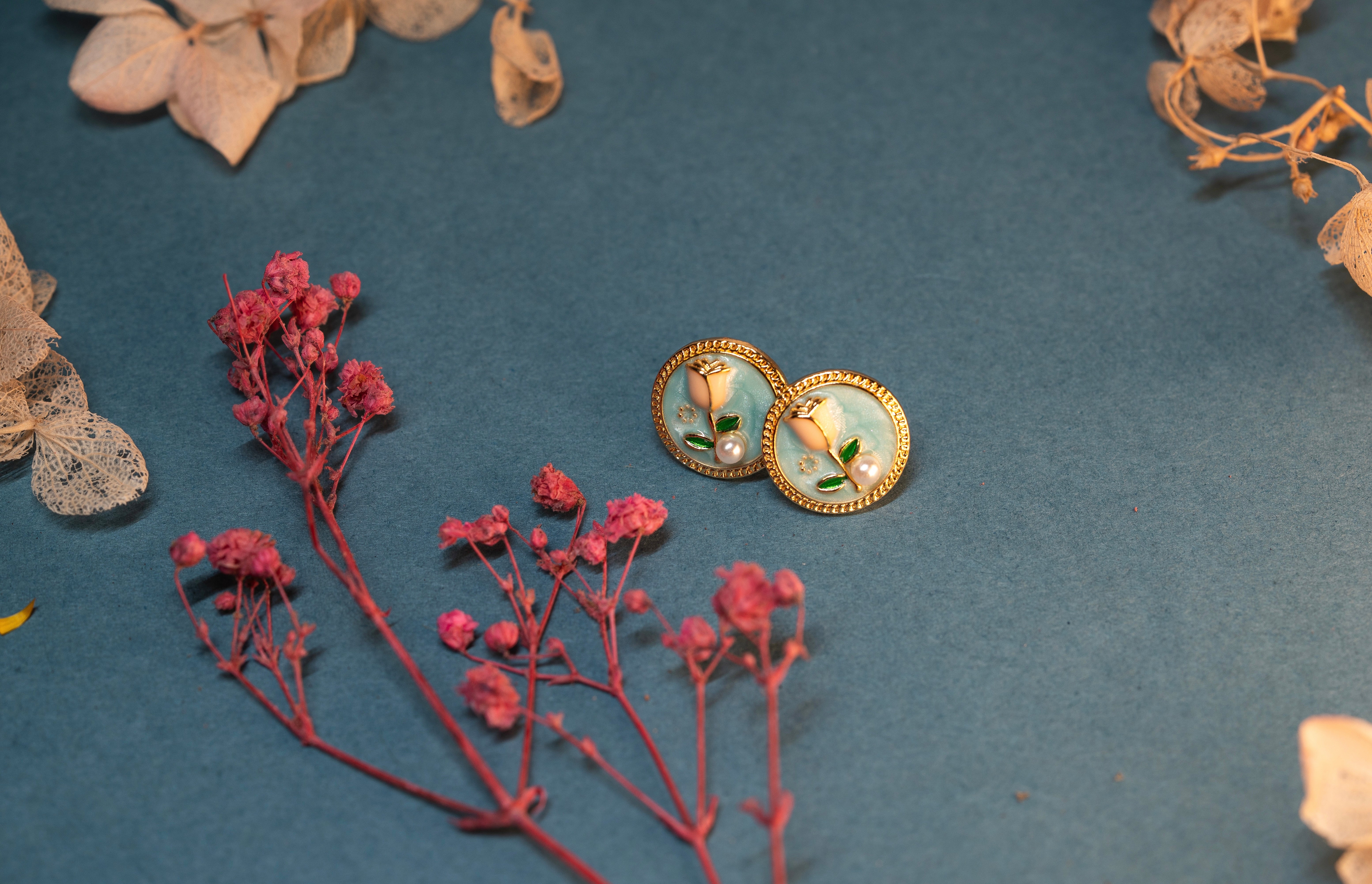 Enamel Rose and Pearl Stud Earrings