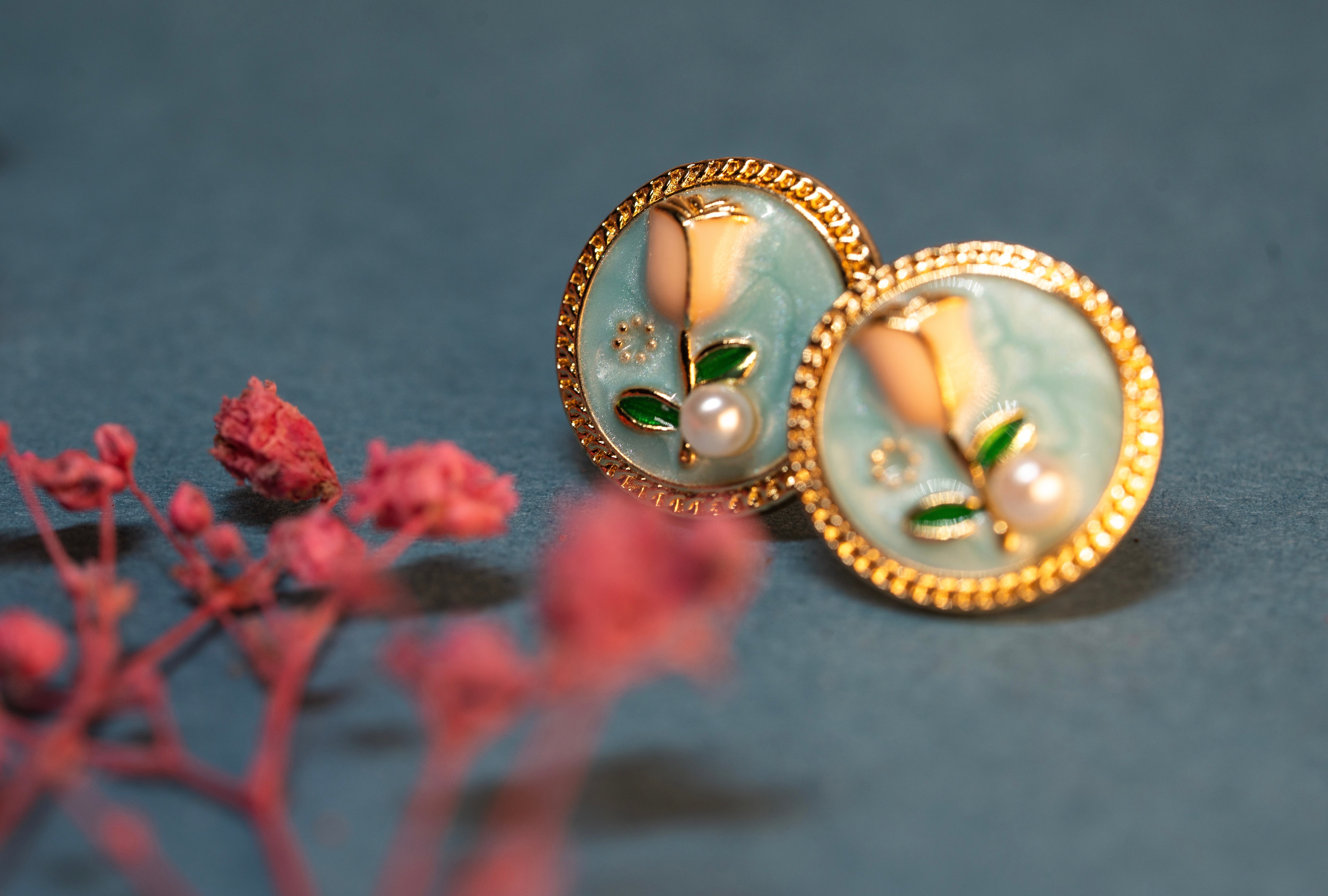 Enamel Rose and Pearl Stud Earrings
