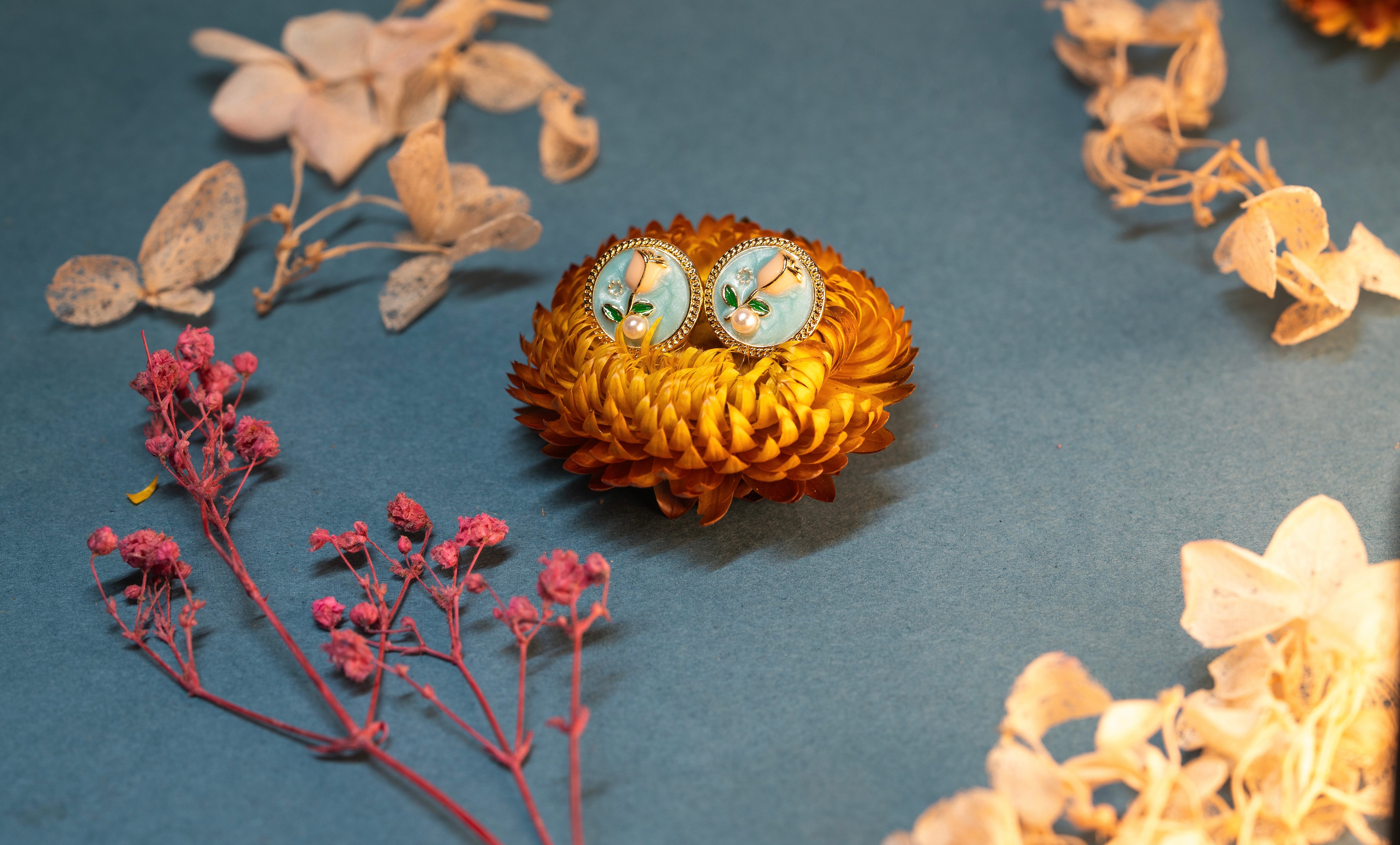 Enamel Rose and Pearl Stud Earrings