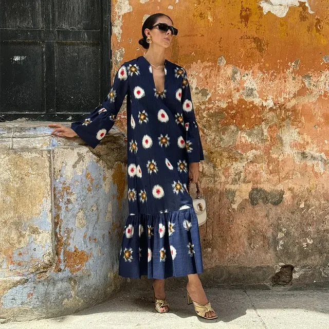 V Neck Long Sleeve Floral Dress