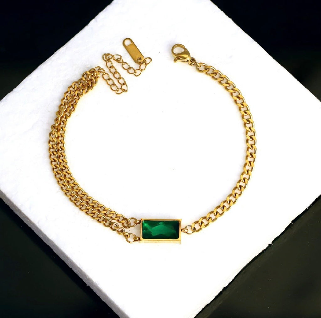 Double Strand Curb Chain Emerald Bracelet