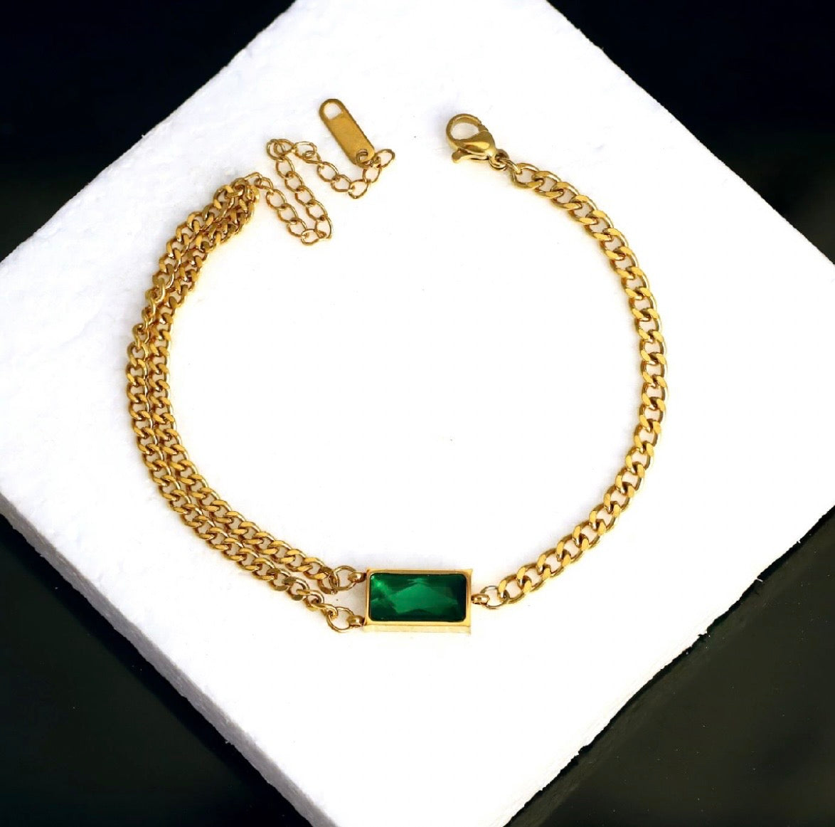 Double Strand Curb Chain Emerald Bracelet