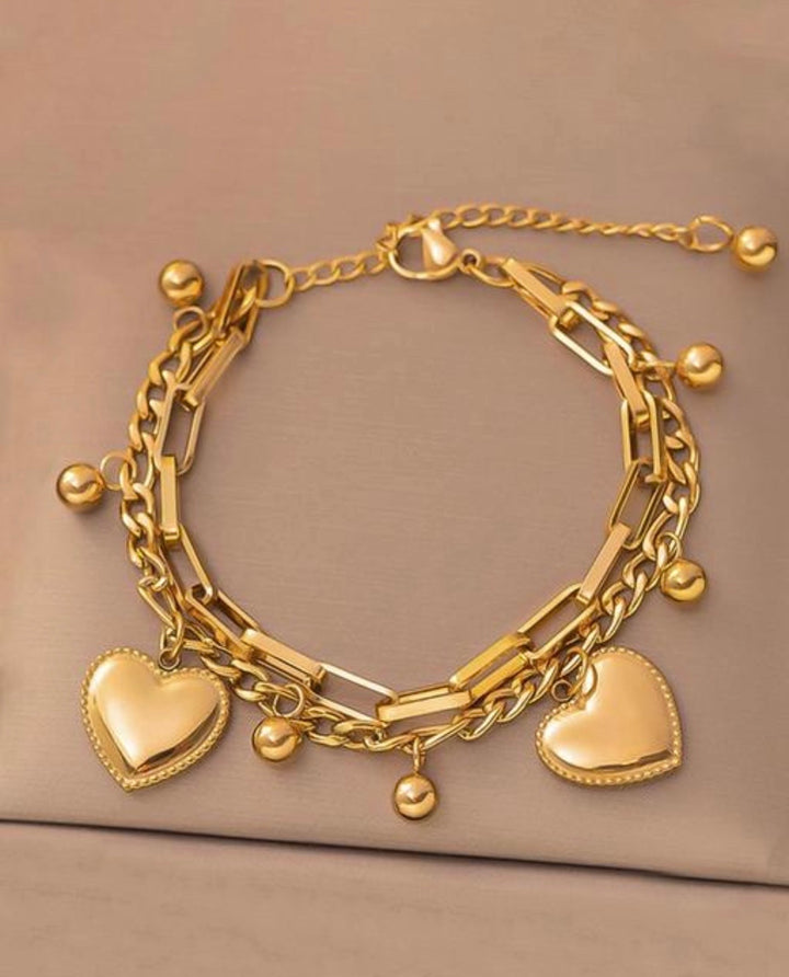 Gold Heart Charm Layered Bracelet