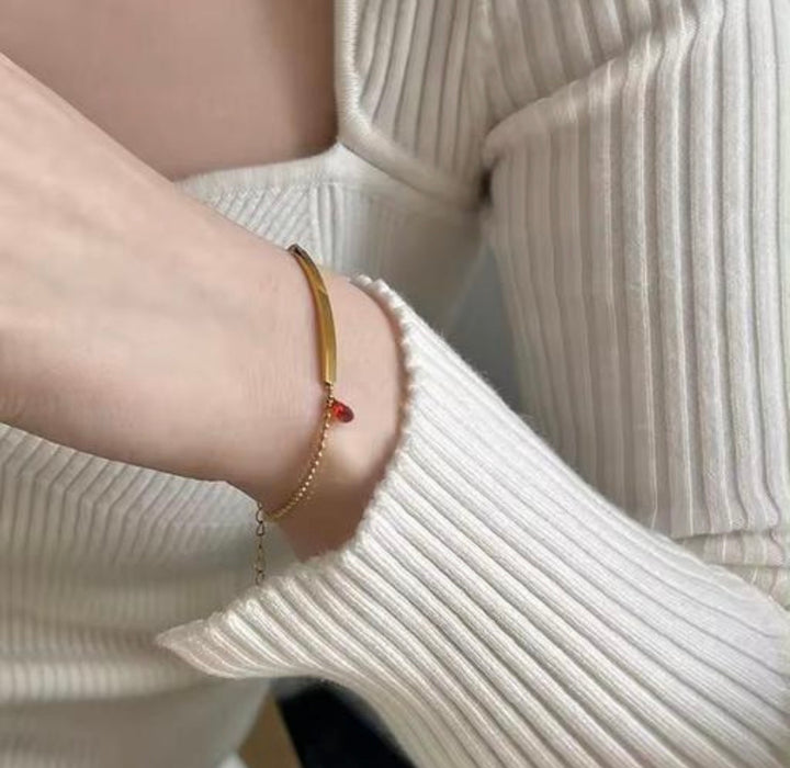 Dainty Gold Bar & Red HEART Charm Bracelet.